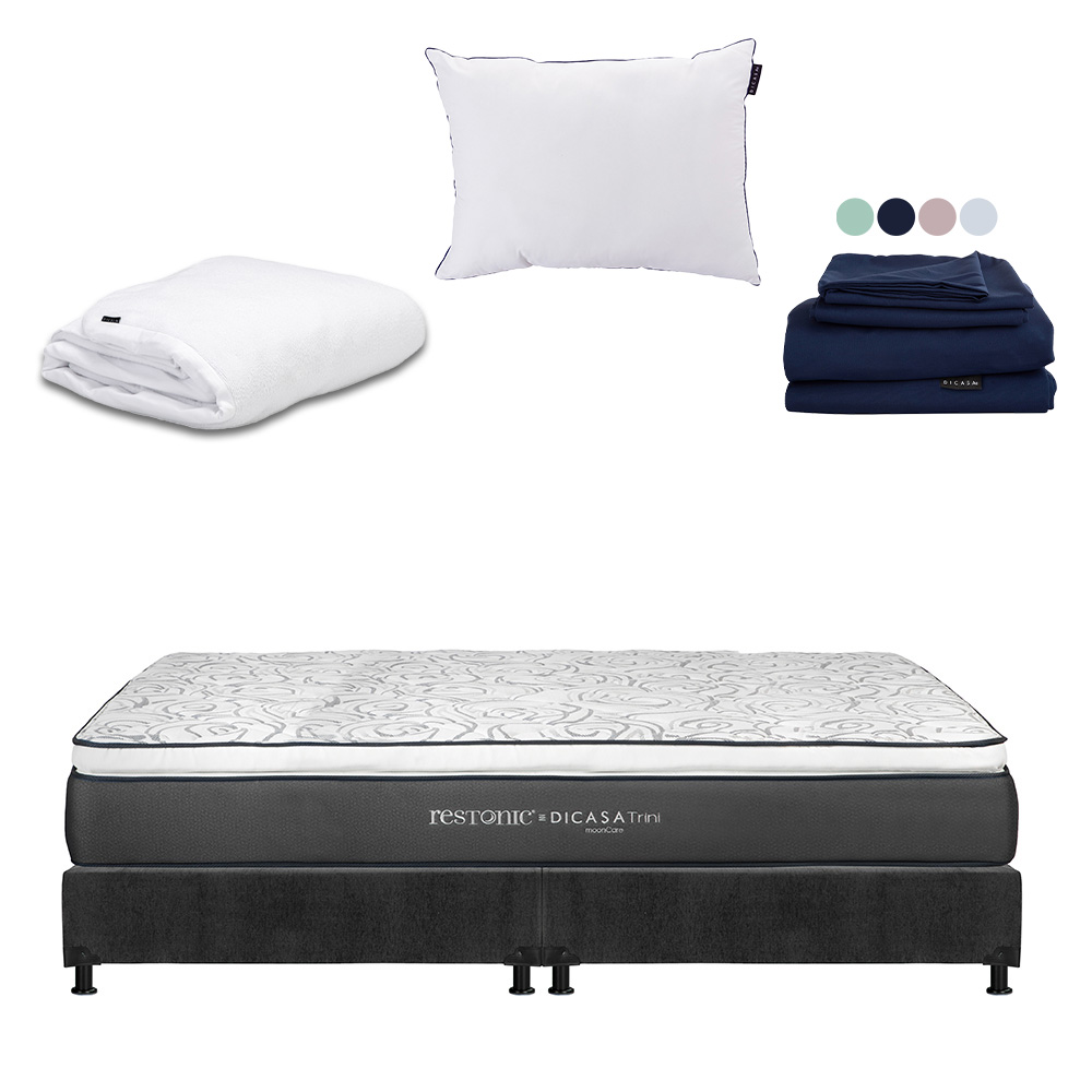 Colchón Restonic Trini Color Gris Carbon King Size + Box + Almohada One + Protector Cloud + Sábanas Softy