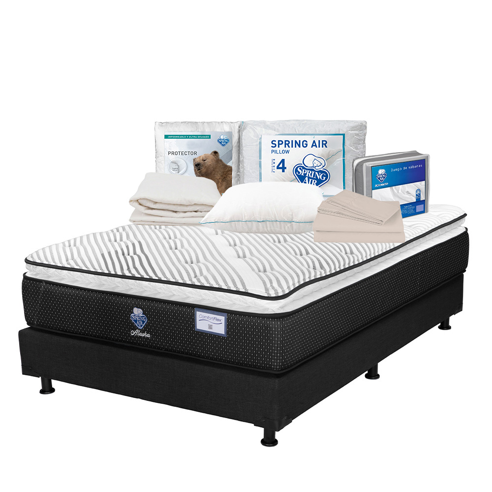 Colchón Spring Air Alaska Color Blanco Queen Size + Box Dicasa Negro + Almohada Osos + Protector Ultra + Sábanas Basic