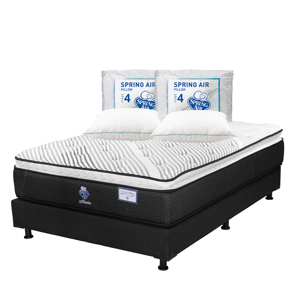 Colchón Spring Air Alaska Color Blanco Matrimonial + Box Dicasa Negro + 2 Almohadas Osos