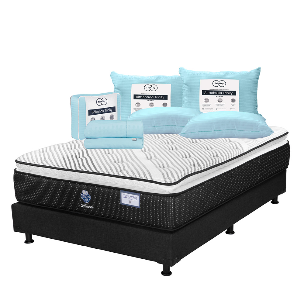 Colchón Spring Air Alaska Color Blanco Queen Size + Box Dicasa Negro + 2 Almohadas Trinity + Sábanas Trinity