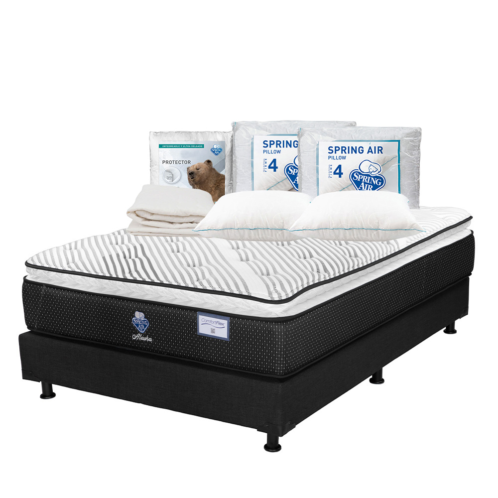 Colchón Spring Air Alaska Color Blanco Queen Size + Box Dicasa Negro + 2 Almohadas Osos + Protector Ultra