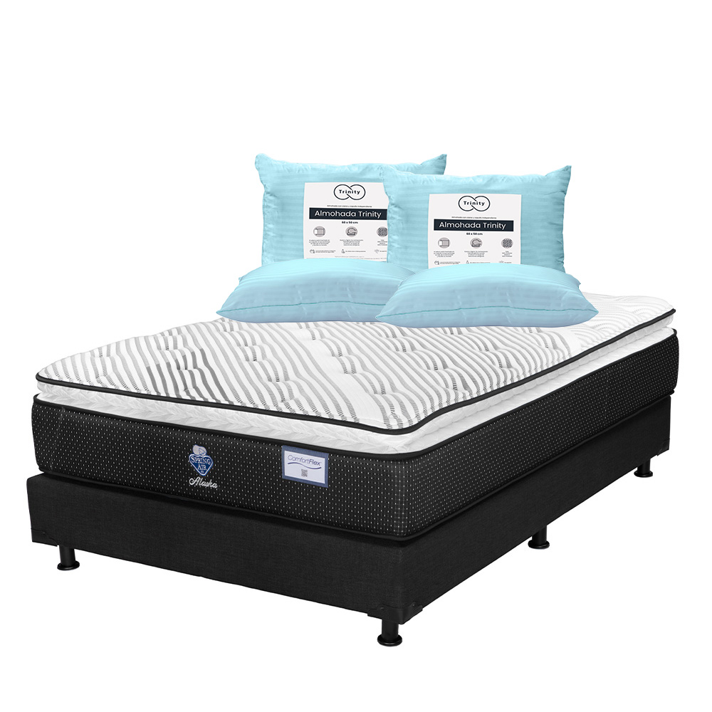 Colchón Spring Air Alaska Color Blanco Queen Size + Box Dicasa Negro + 2 Almohadas Trinity