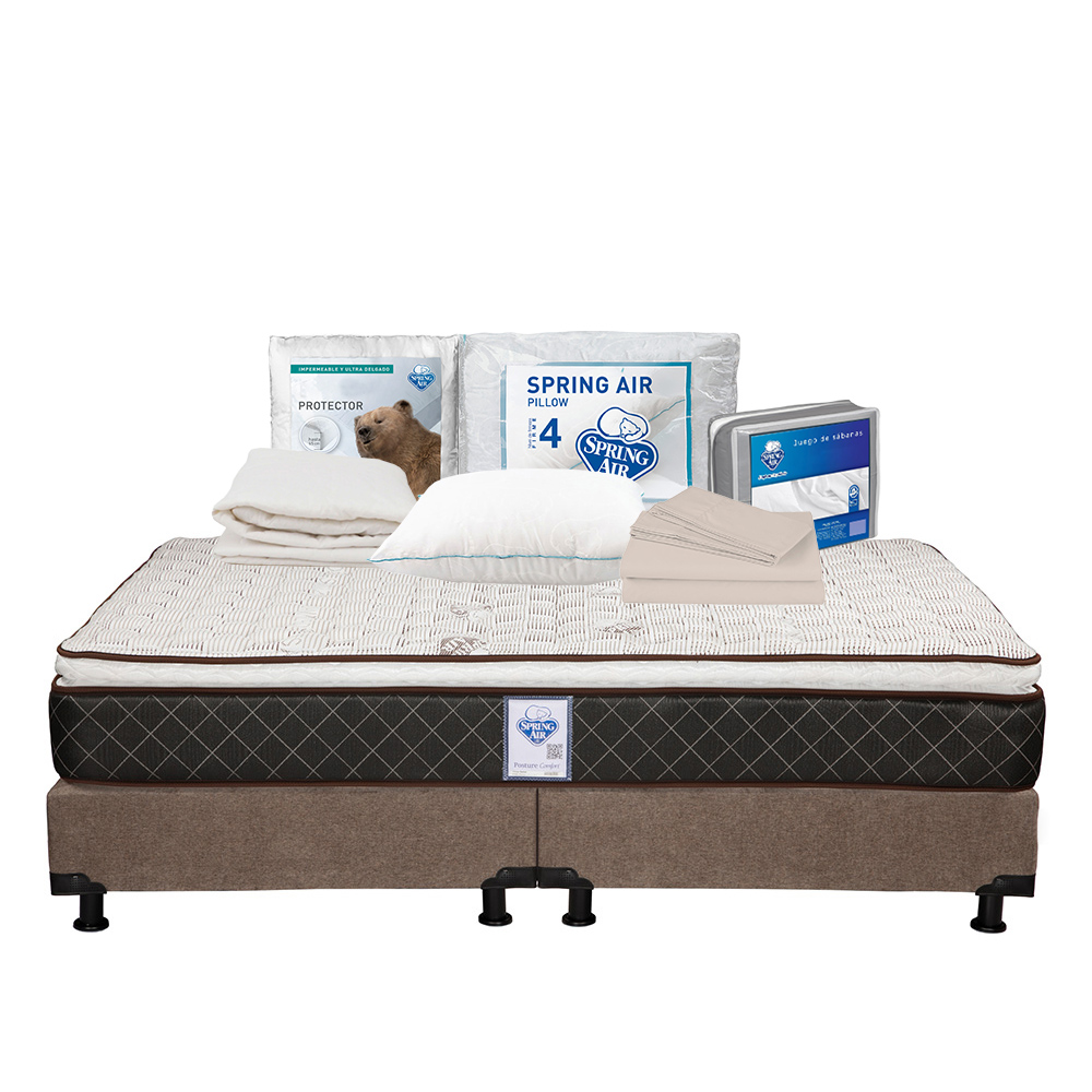 Colchón Spring Air Minesota Color Café King Size + Box Dicasa Café + Almohada Osos + Protector Ultra + Sábanas Basic