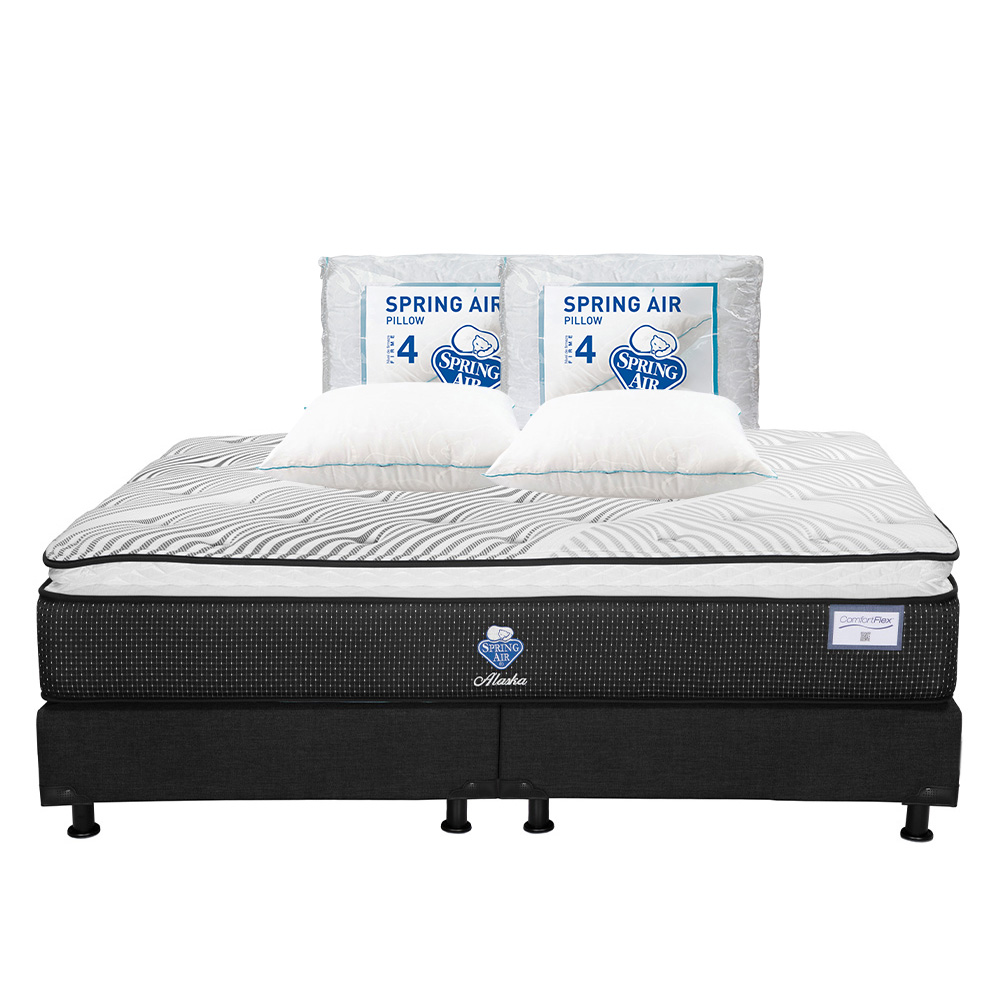 Colchón Spring Air Alaska Color Blanco King Size + Box Dicasa Negro + 2 Almohadas Osos