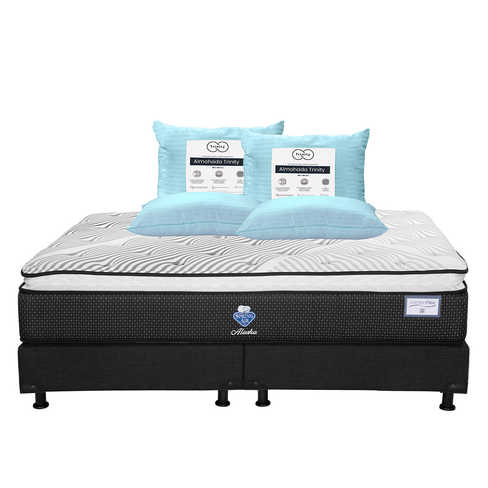 Colchón Spring Air Alaska Color Blanco King Size + Box Dicasa Negro + 2 Almohadas Trinity