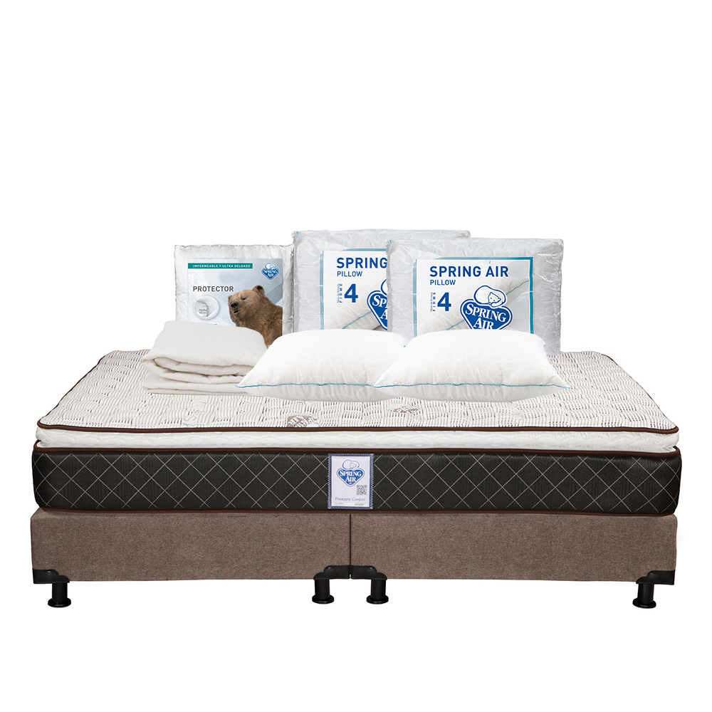 Colchón Spring Air Minesota Color Café King Size + Box Dicasa Café + 2 Almohadas Osos + Protector Ultra