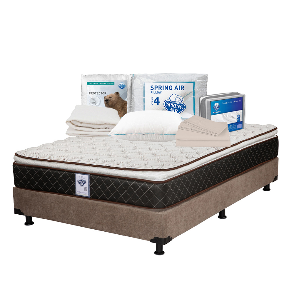Colchón Spring Air Minesota Color Café Matrimonial + Box Dicasa Café + Almohada Osos + Protector Ultra + Sábanas Basic