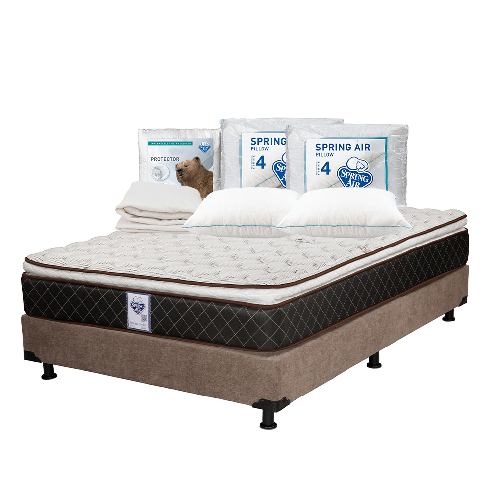 Colchón Spring Air Minesota Color Café Matrimonial + Box Dicasa Café + 2 Almohadas Osos + Protector Ultra