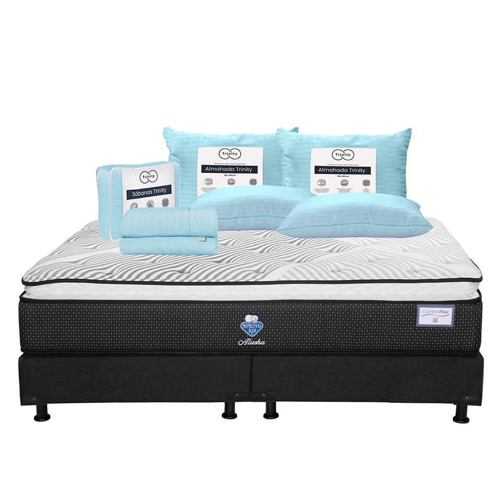 Colchón Spring Air Alaska Color Blanco King Size + Box Dicasa Negro + 2 Almohadas Trinity + Sábanas Trinity