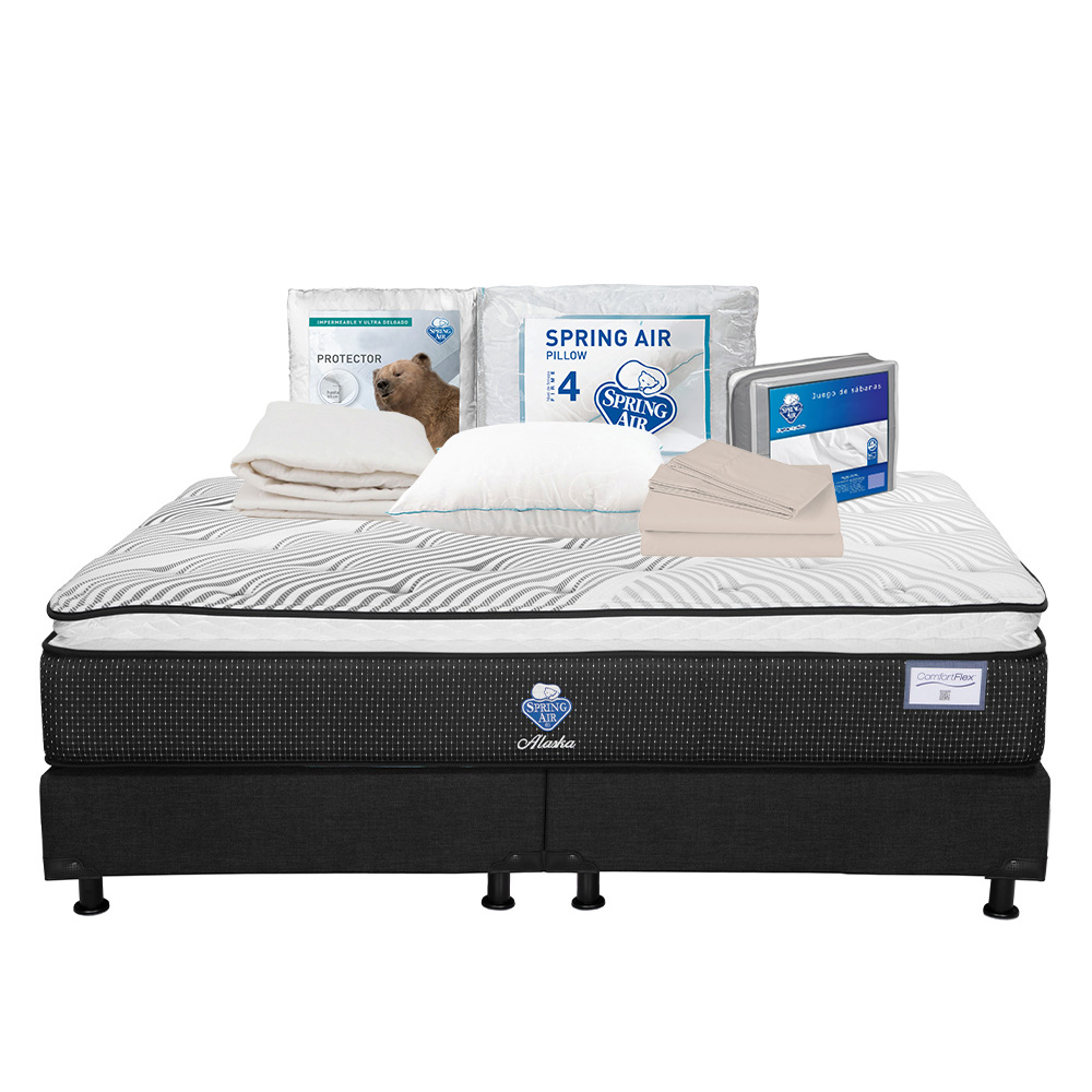 Colchón Spring Air Alaska Color Blanco King Size + Box Dicasa Negro + Almohada Osos + Protector Ultra + Sábanas Basic