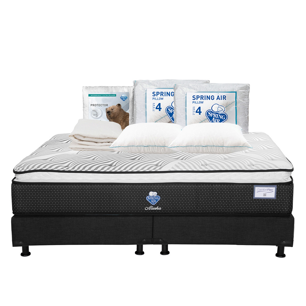 Colchón Spring Air Alaska Color Blanco King Size + Box Dicasa Negro + 2 Almohadas Osos + Protector Ultra