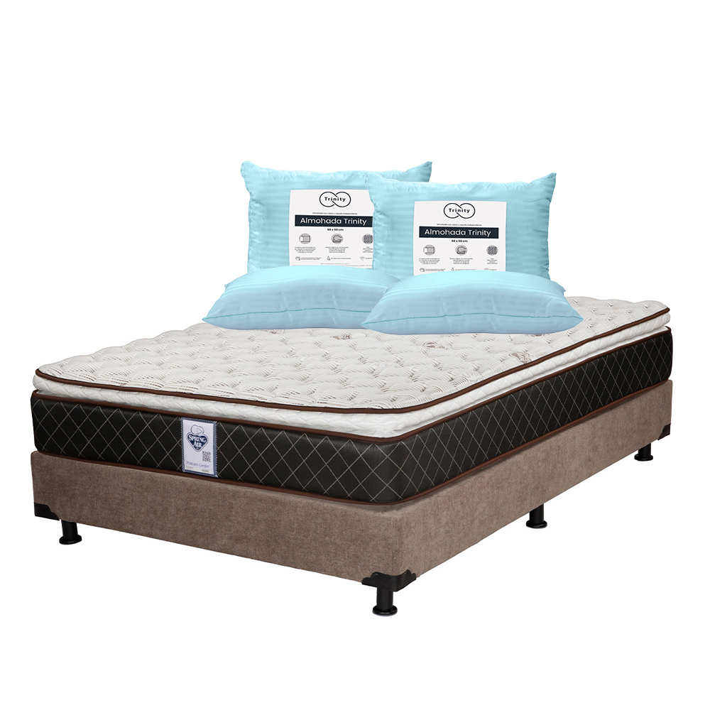 Colchón Spring Air Minesota Color Café Queen Size + Box Dicasa Café + 2 Almohadas Trinity