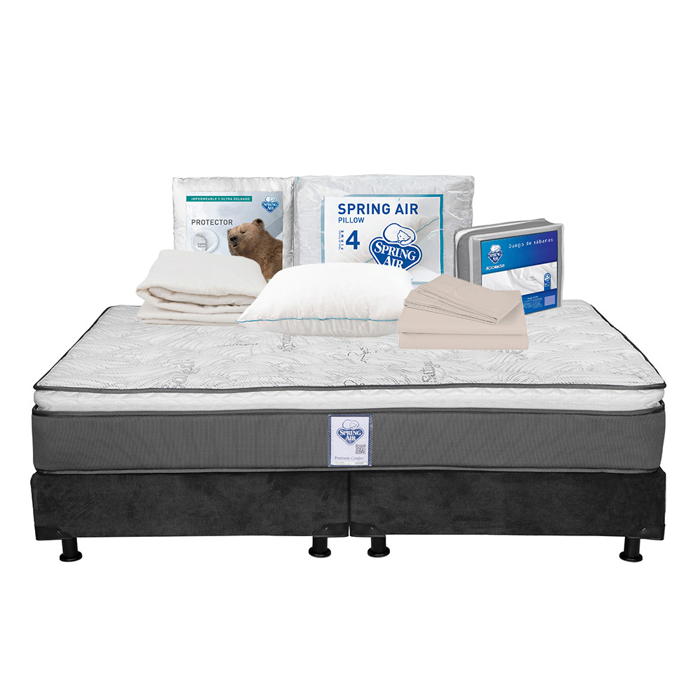 Colchón Spring Air Prestige Color Gris King Size + Box Dicasa Gris + Almohada Osos + Protector Ultra + Sábanas Basic