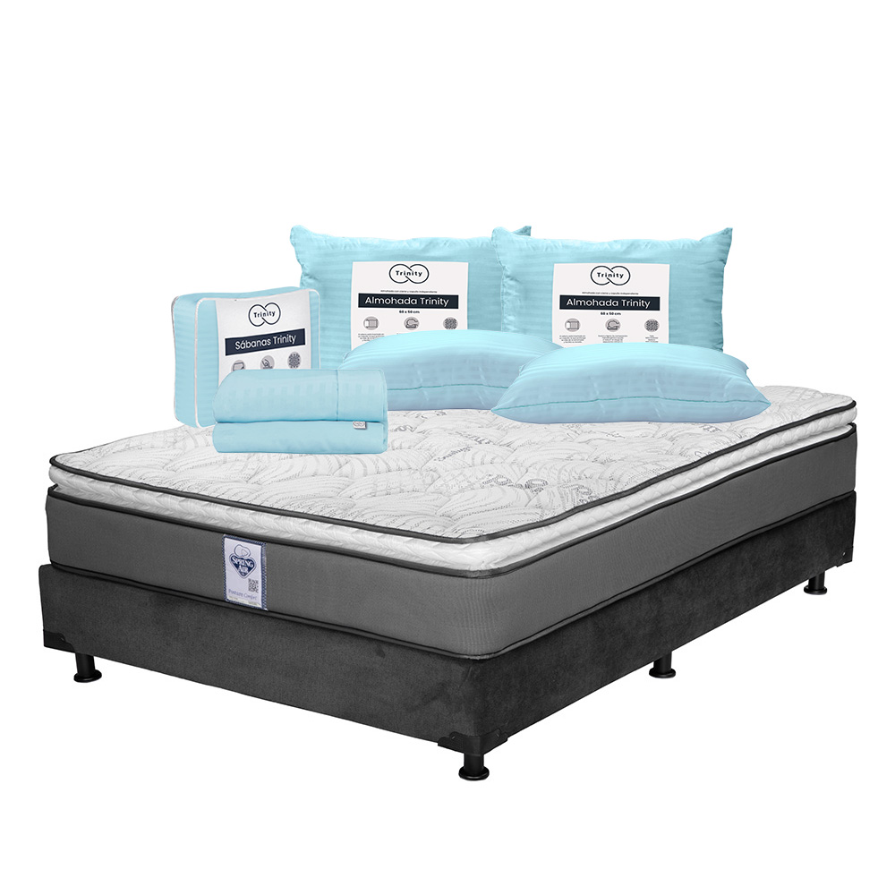 Colchón Spring Air Prestige Color Gris Individual + Box Dicasa Gris + 2 Almohadas Trinity + Sábanas Trinity