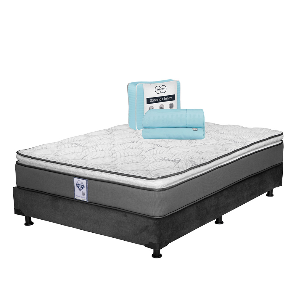 Colchón Spring Air Prestige Color Gris Queen Size + Box Dicasa Gris + Sábanas Trinity