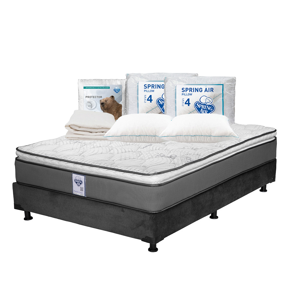 Colchón Spring Air Prestige Color Gris Queen Size + Box Gris + 2 Almohadas Osos + Protector Ultra