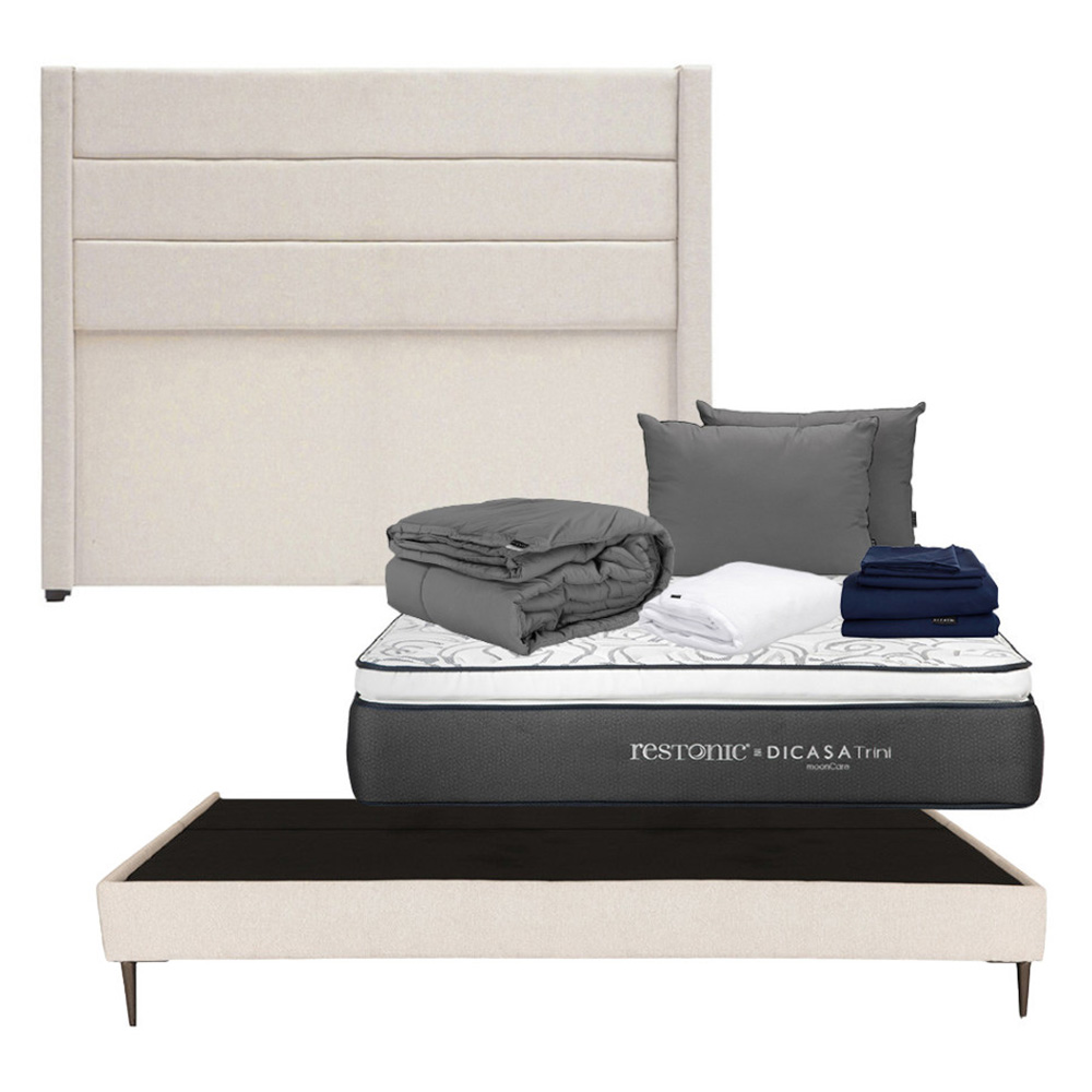 Cabecera Lugo Color Beige King Size+base Slim+colchón Restonic Trini+almohada 2pack+protector+sábanas Softy+edredón