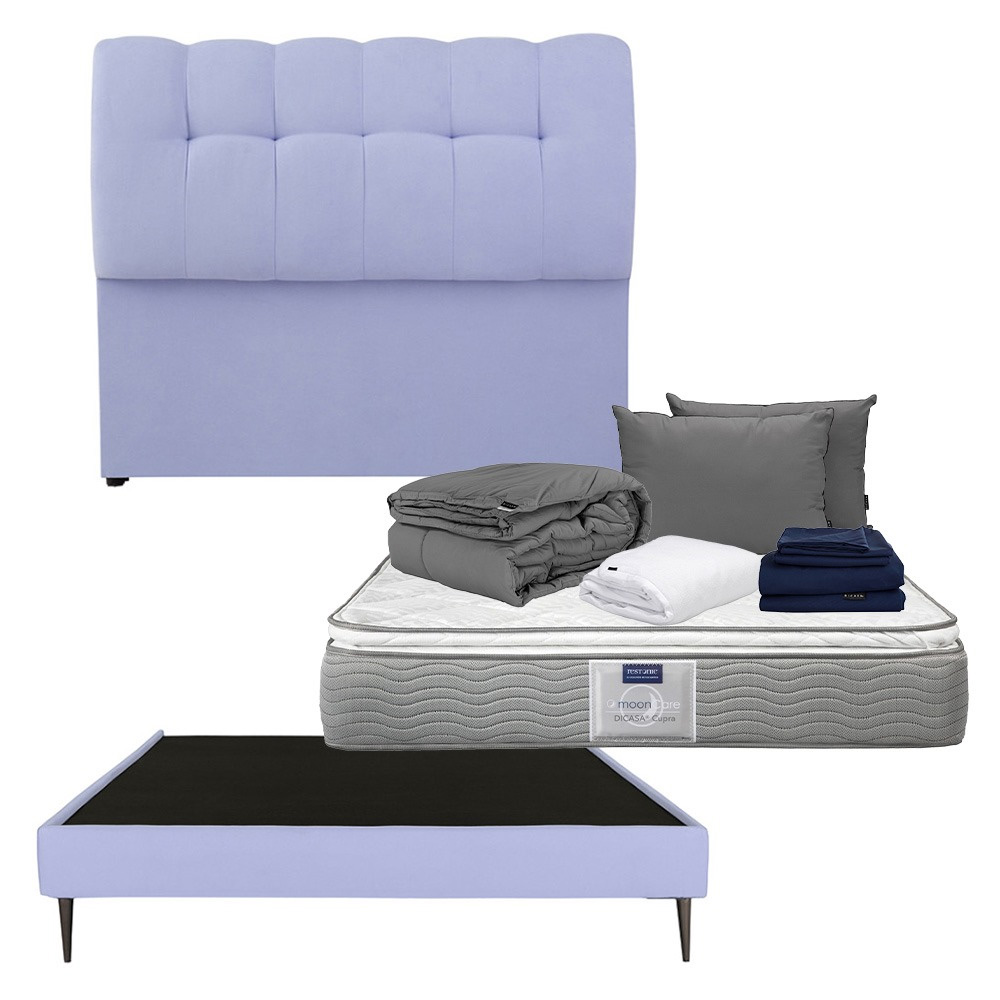 Cabecera Nube Color Lila Queen Size+base Cama Slim+colchón Restonic Cupra+almohada 2pack+protector+sábanas+edredón