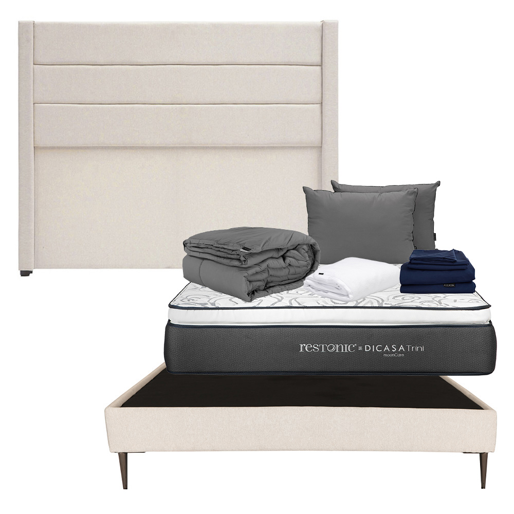 Cabecera Lugo Color Beige Queen Size+base Slim+colchón Restonic Trini+almohada 2pack+protector+sábanas Softy+edredón
