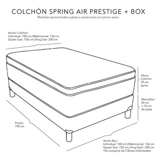 Foto 4 | Colchón Spring Air Prestige Individual + Box Dicasa Color Gris Carbón + Almohada 2 Pack + Juego De Sábanas Softy