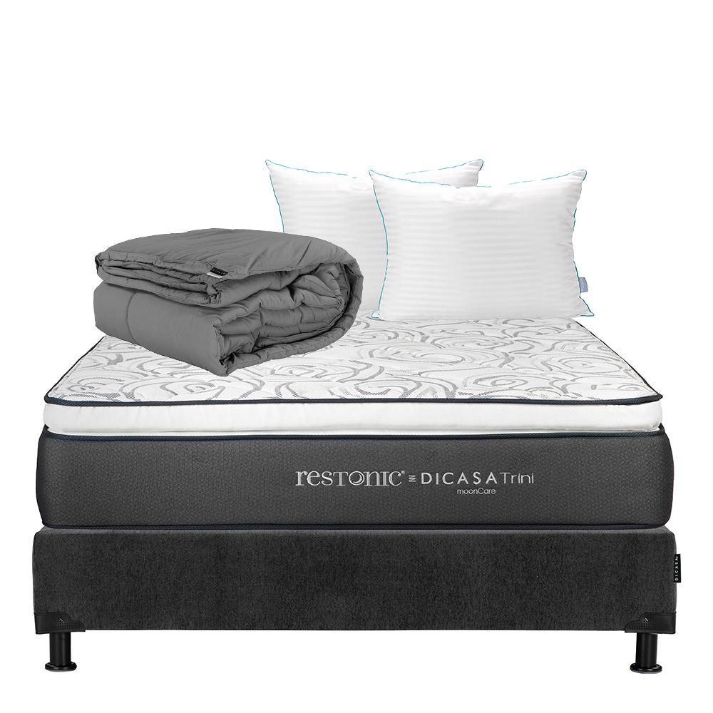 Colchón Dicasa Trini Color Gris Carbon Queen Size  + Box + Almohada Royal Twin + Edredón Homy