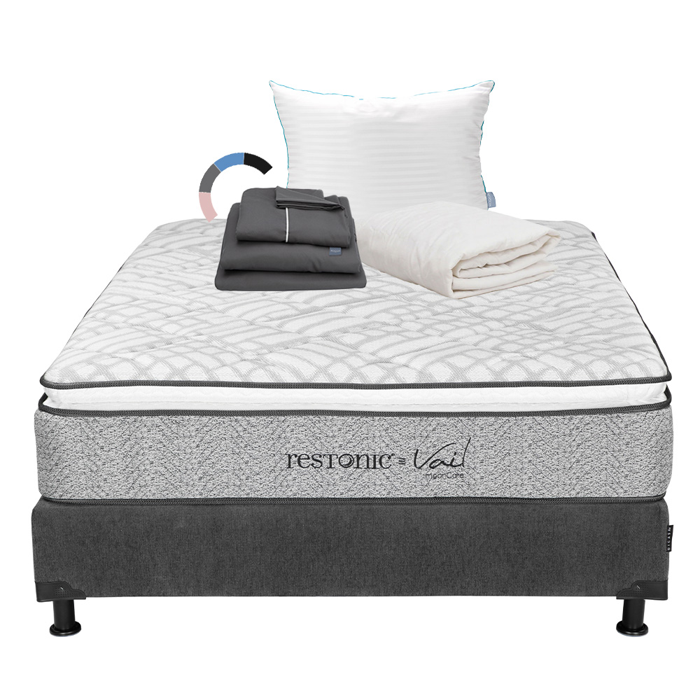 Colchón Restonic Vail Color Gris Carbon Matrimonial  + Box + Almohada Royal + Protector Ultra + Sábanas Royal
