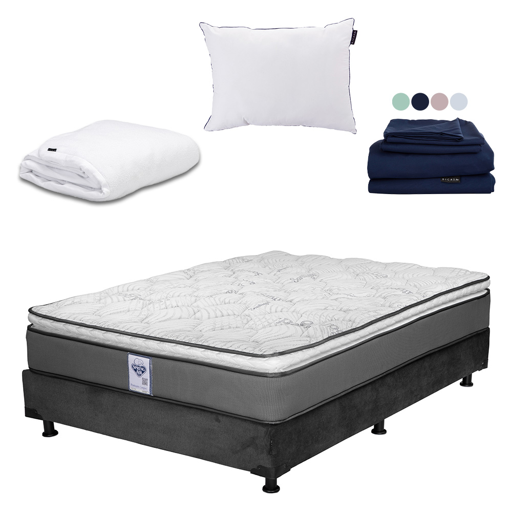 Colchón Spring Air Prestige Matrimonial + Box Dicasa Color Gris Carbón + Almohada One + Protector Cloud + Sábanas Soft