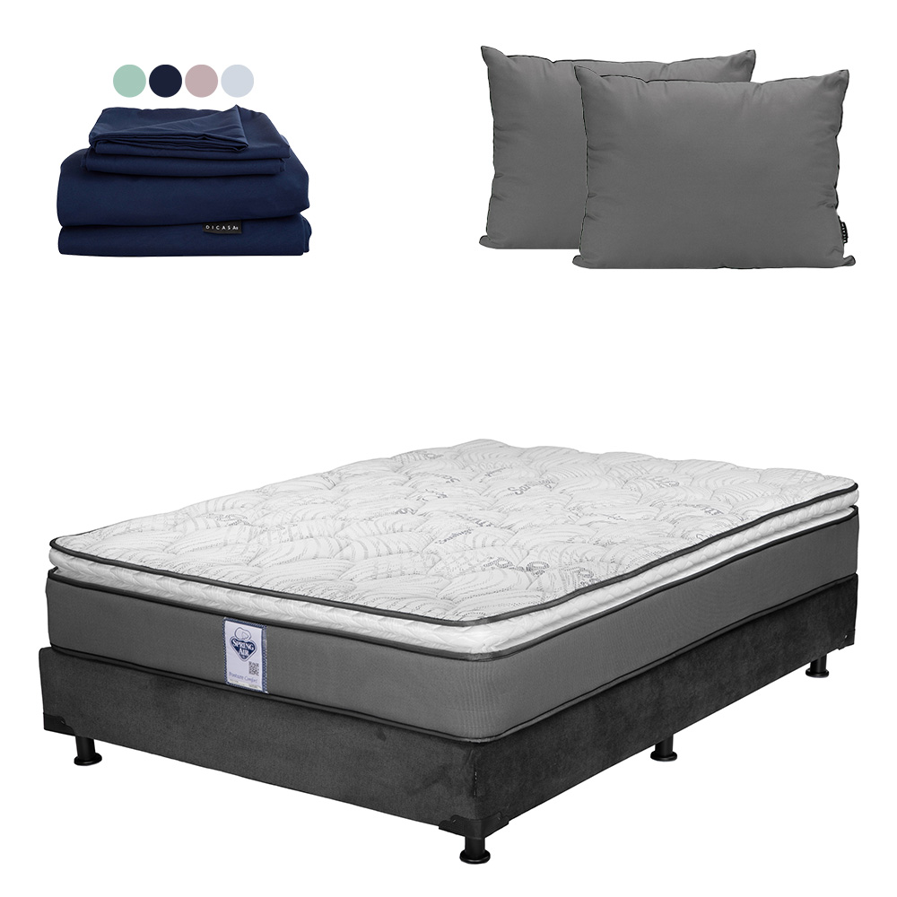 Colchón Spring Air Prestige Queen Size + Box Dicasa Color Gris Carbón + Almohada 2 Pack + Juego De Sábanas Softy