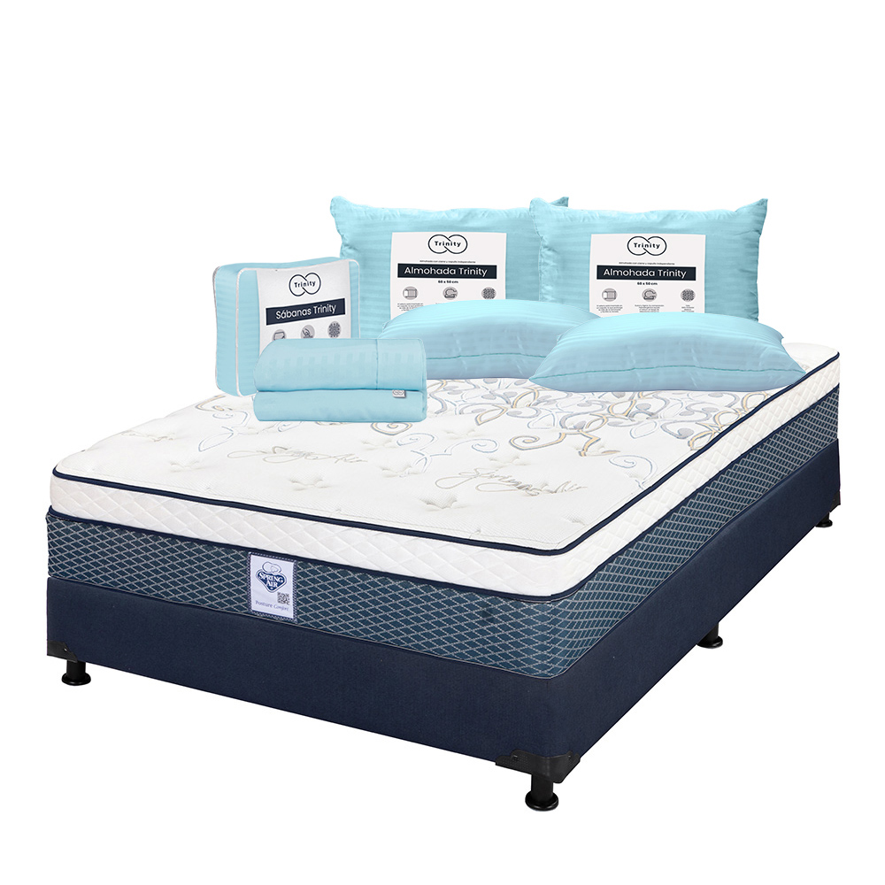 Colchón Spring Air Cantabria  Azul Matrimonial + Box Dicasa Azul + 2 Almohadas Trinity + Sábanas Trinity