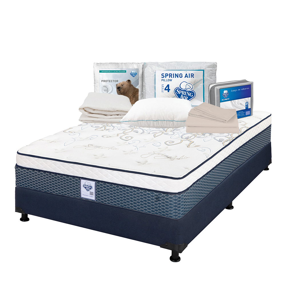 Colchón Spring Air Cantabria Queen Size Azul + Box Dicasa Azul + Almohada Osos + Protector Ultra + Sábanas Basic
