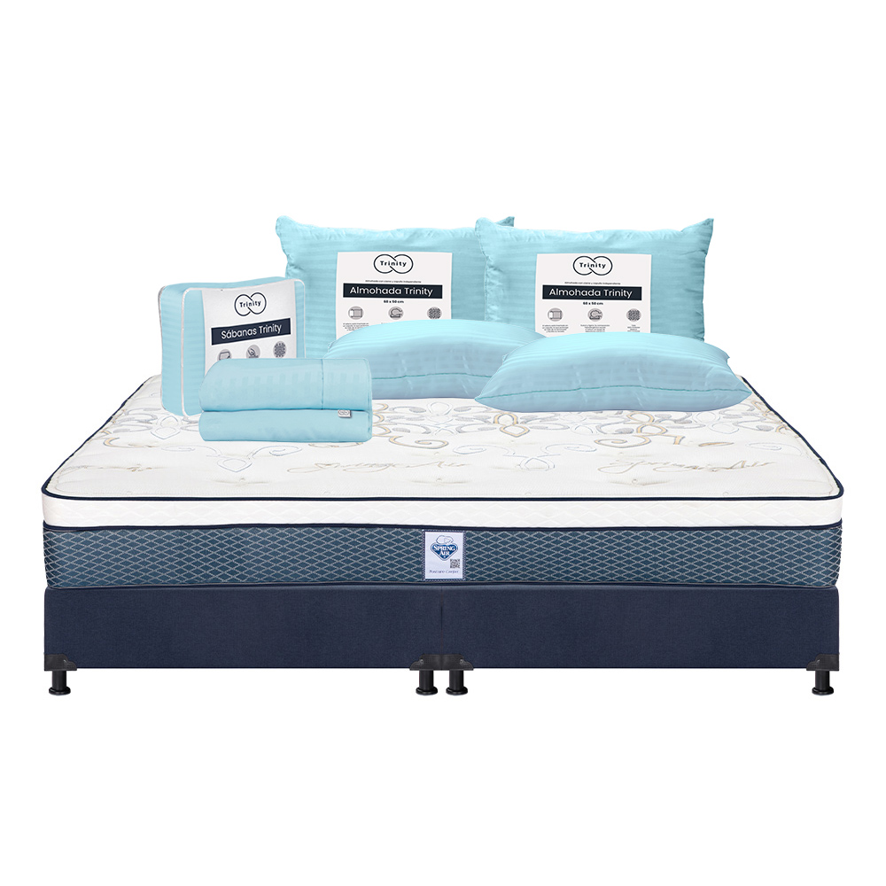 Colchón Spring Air Cantabria  Azul King Size + Box Dicasa Azul + 2 Almohadas Trinity + Sábanas Trinity