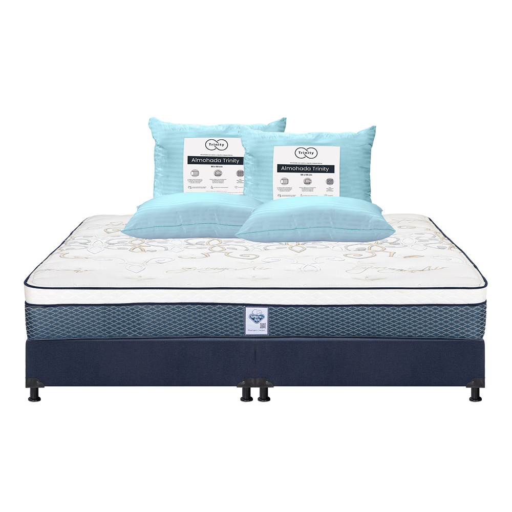 Colchón Spring Air Cantabria Color Azul King Size + Box Dicasa Azul + 2 Almohadas Trinity