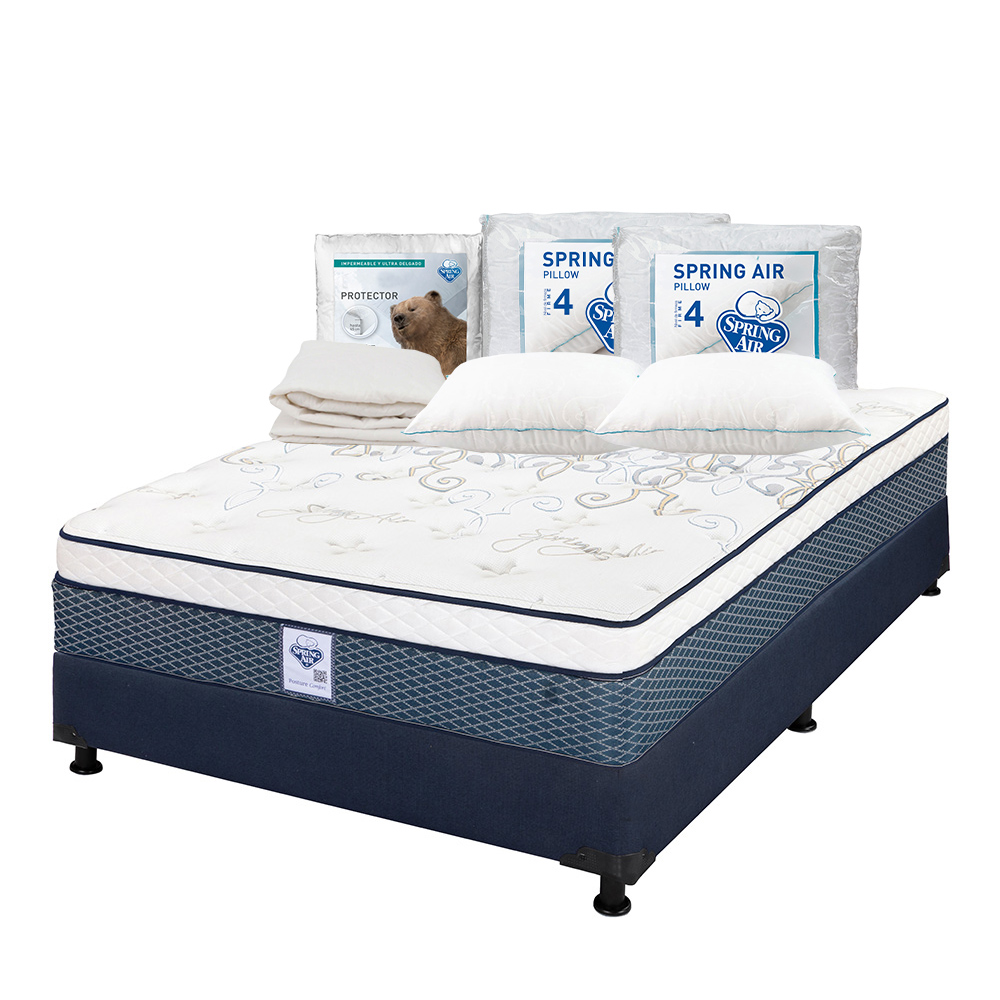 Colchón Spring Air Cantabria Matrimonial Azul + Box Dicasa Azul + 2 Almohadas Osos + Protector Ultra