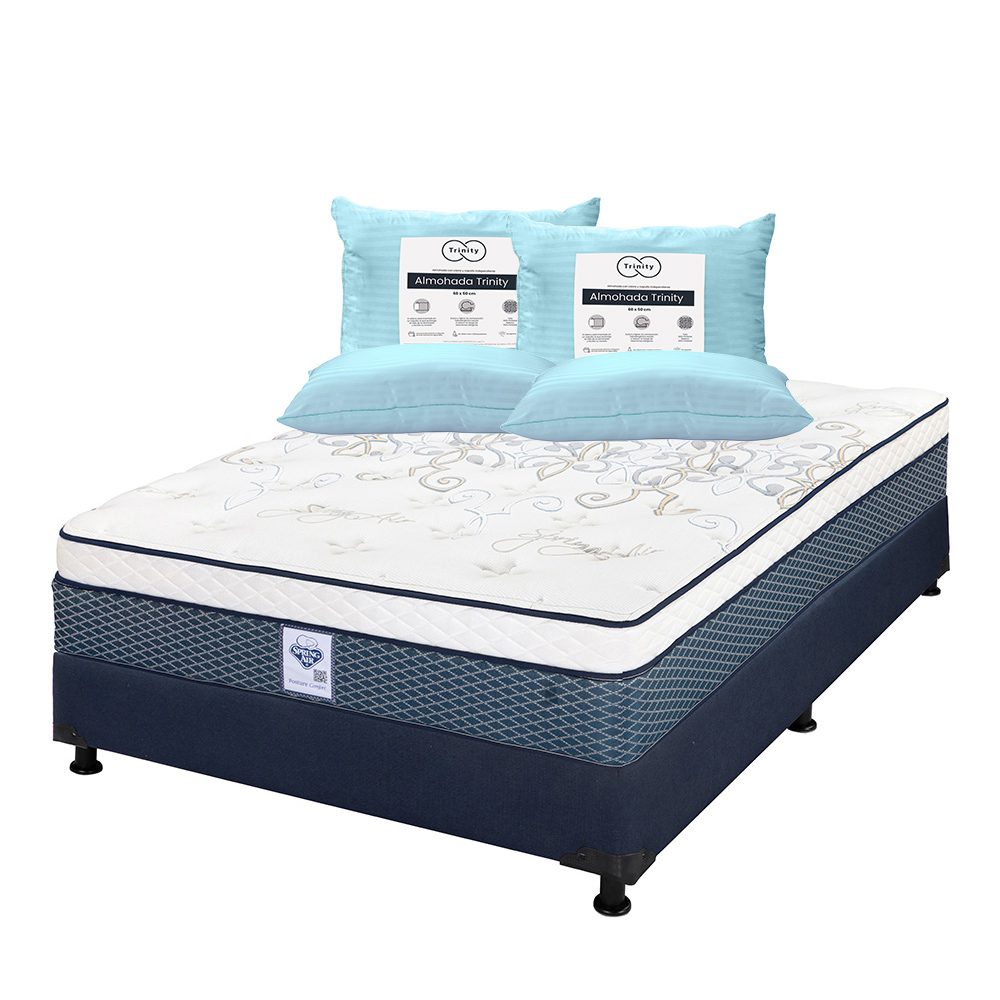 Colchón Spring Air Cantabria Color Azul Matrimonial + Box Dicasa Azul + 2 Almohadas Trinity