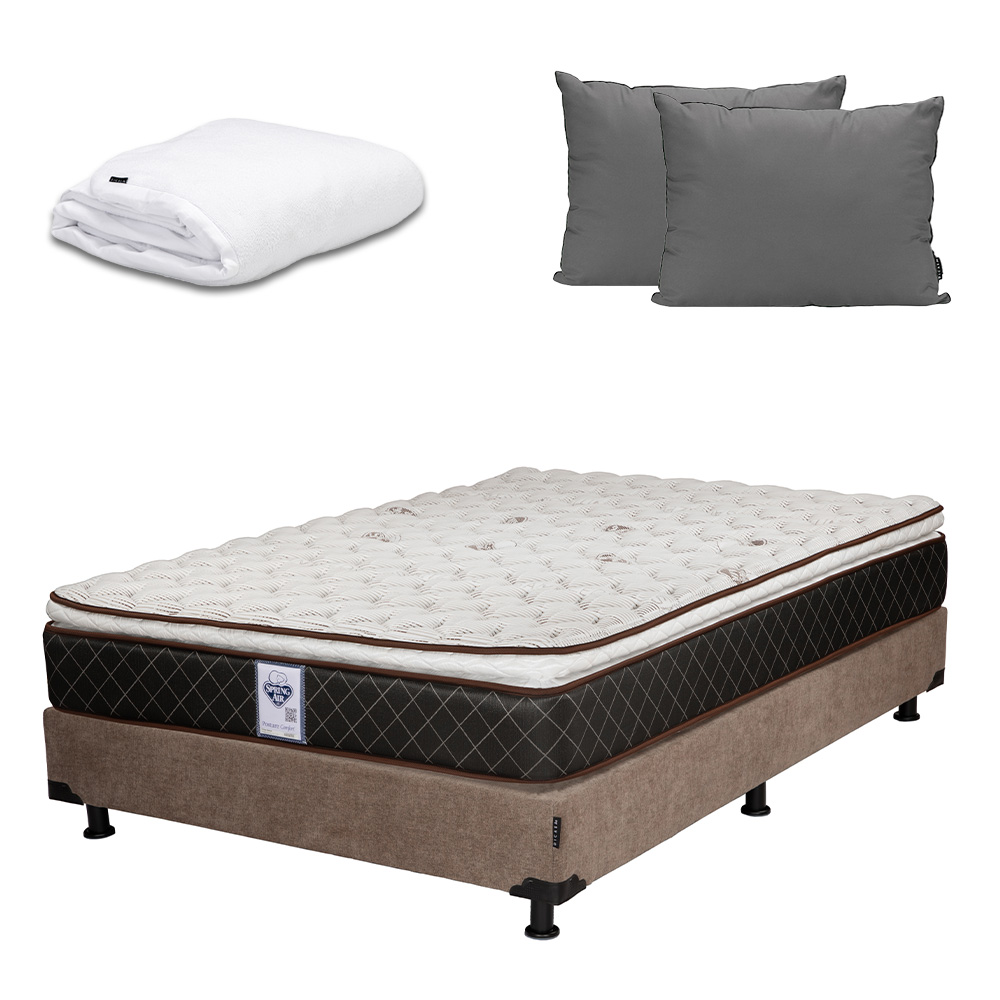Foto 1 | Colchón Spring Air Minesota Matrimonial + Box Dicasa Café + Almohada 2 Pack + Protector Cloud