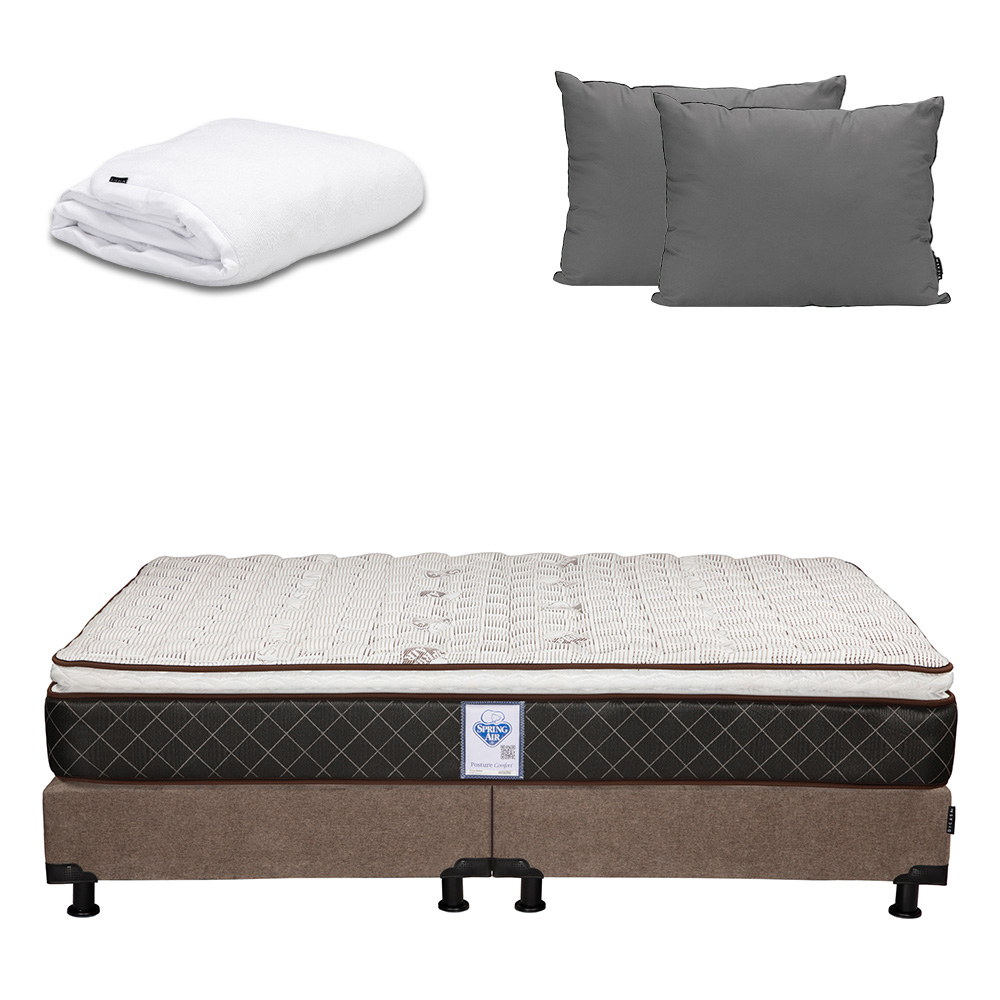 Colchón Spring Air Minesota King Size + Box Dicasa Café + Almohada 2 Pack + Protector Cloud