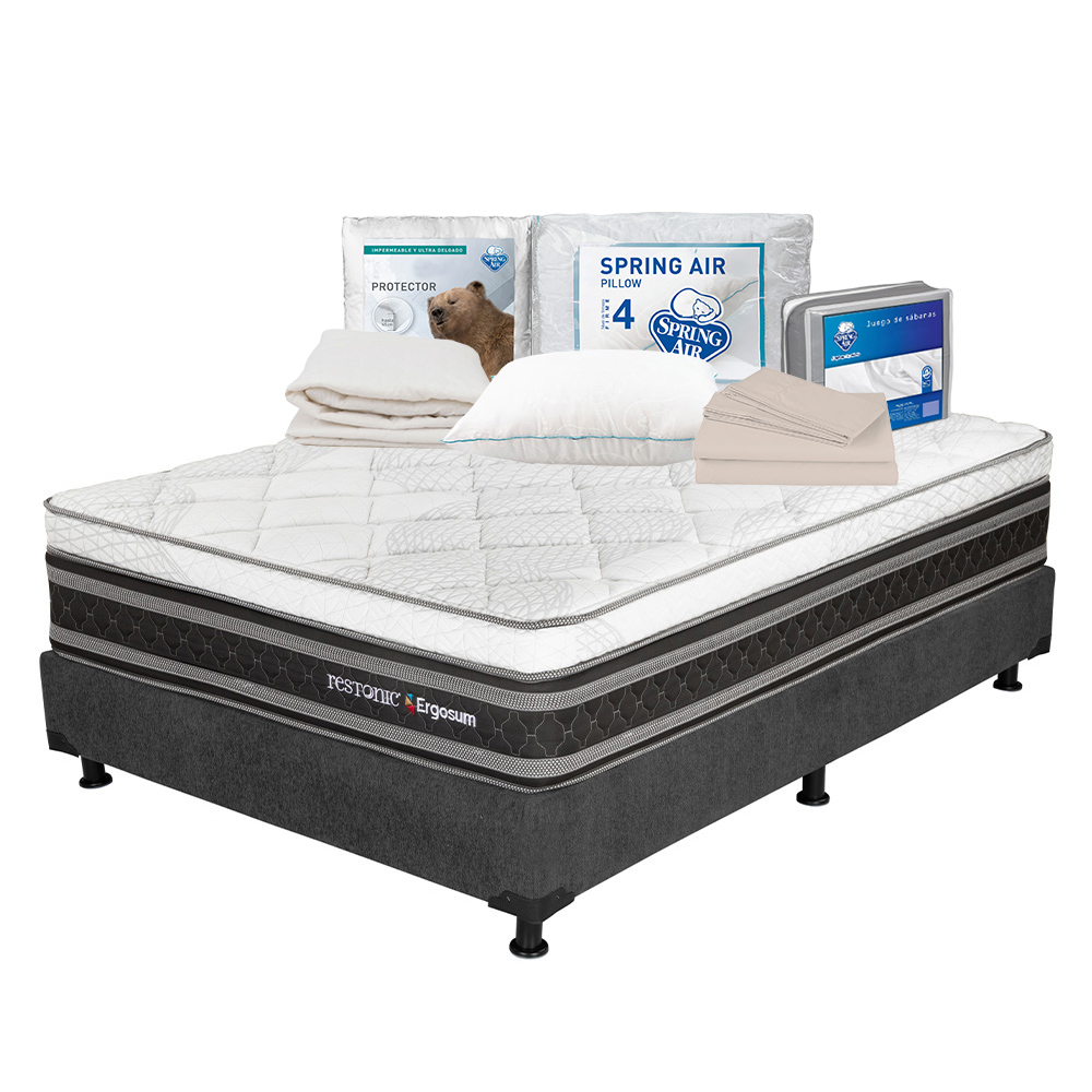 Colchón Restonic Ergosum Negro Matrimonial + Box Gris + Almohada Osos + Protector Ultra + Sábanas Basic