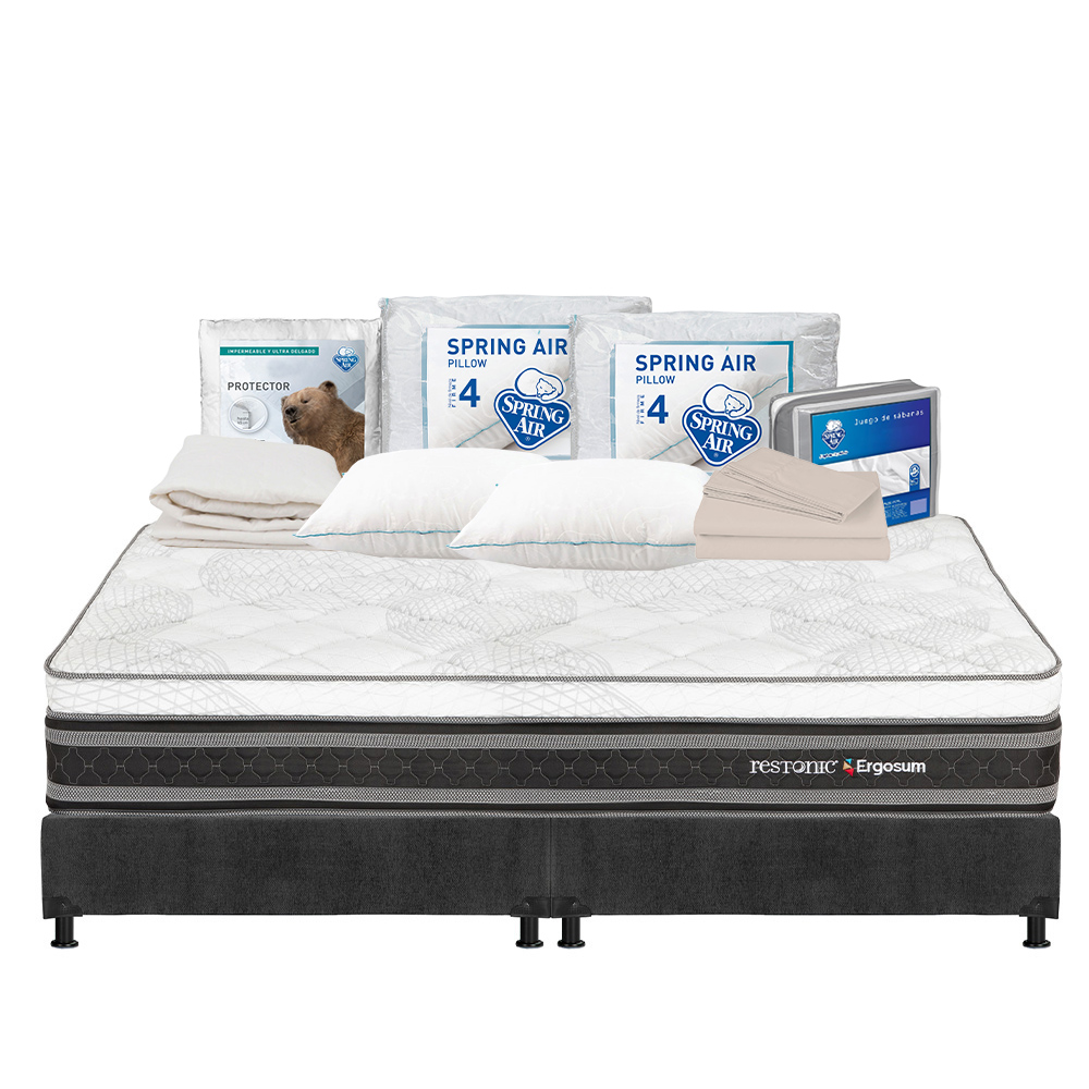 Colchón Restonic Ergosum Negro King Size + Box Gris + 2 Almohadas Osos + Protector Ultra + Sábanas Basic