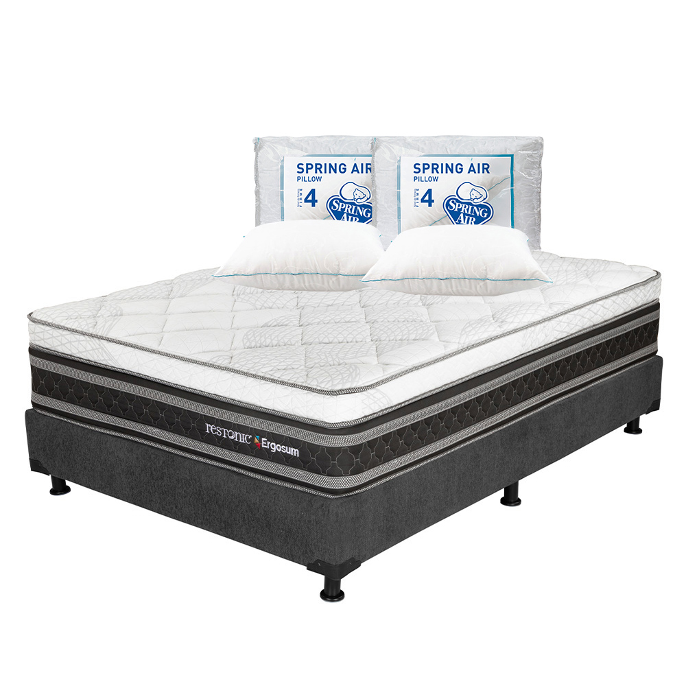 Colchón Restonic Ergosum Color Negro Queen Size + Box Dicasa Gris + 2 Almohadas Osos