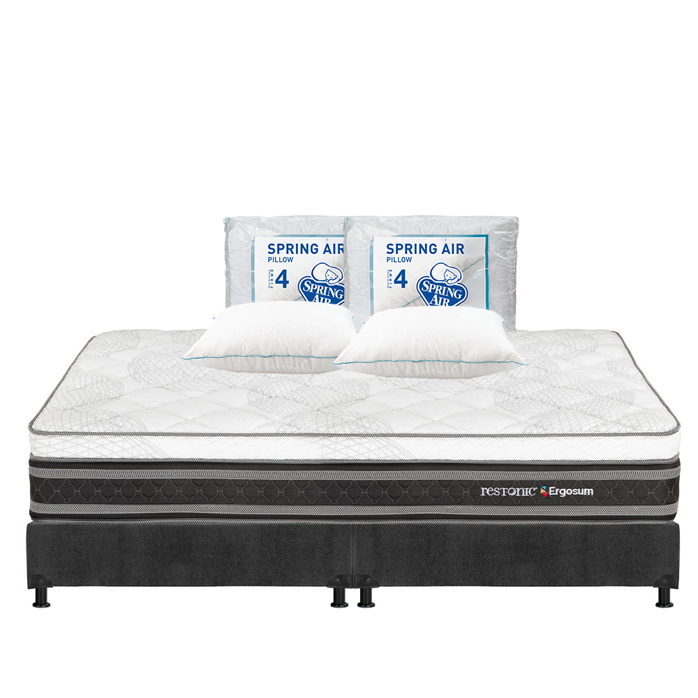 Colchón Restonic Ergosum Color Negro King Size + Box Dicasa Gris + 2 Almohadas Osos