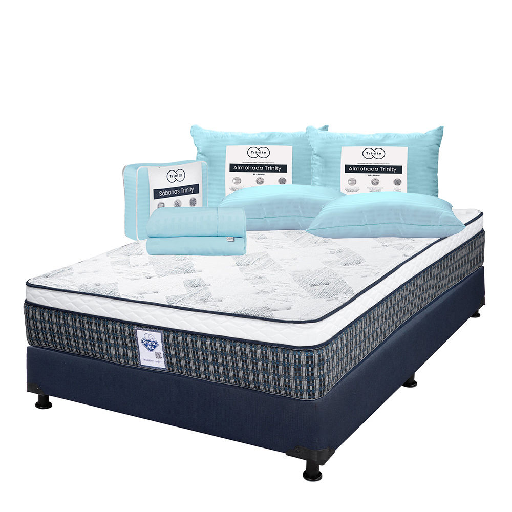 Foto 1 | Colchón Spring Air Cardona Azul Queen Size + Box Dicasa Azul + 2 Almohadas Trinity + Sábanas Trinity