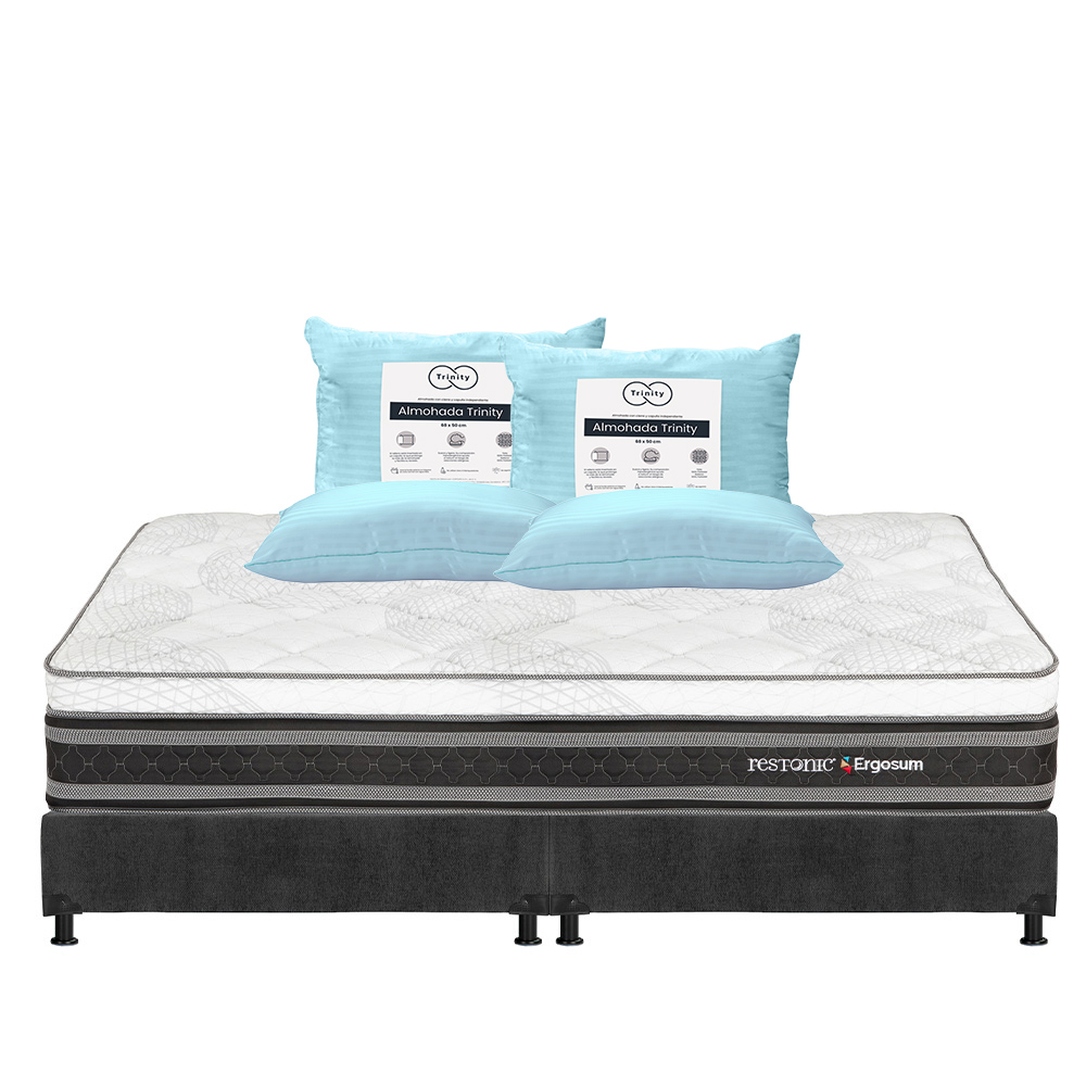 Colchón Restonic Ergosum Color Negro King Size + Box Dicasa Gris + 2 Almohadas Trinity