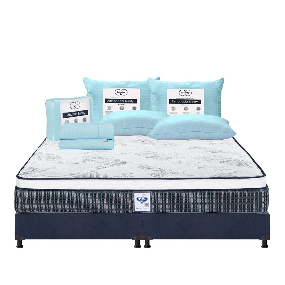 Colchón Spring Air Cardona Azul King Size + Box Dicasa Azul + 2 Almohadas Trinity + Sábanas Trinity