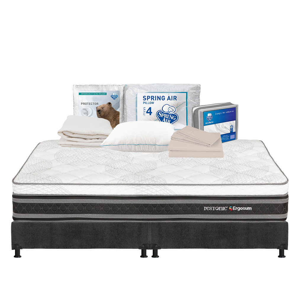 Colchón Restonic Ergosum Negro King Size + Box Gris + Almohada Osos + Protector Ultra + Sábanas Basic