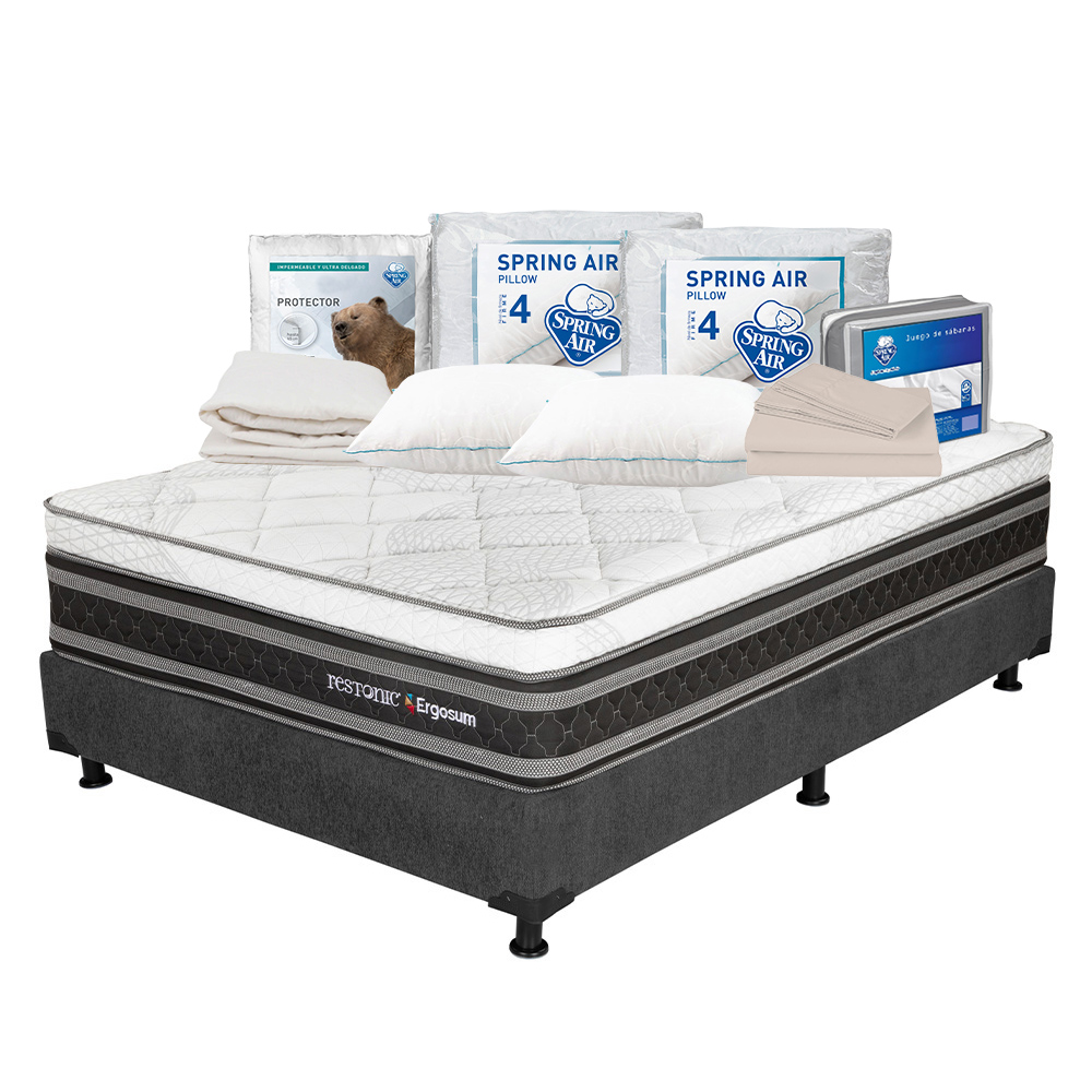 Colchón Restonic Ergosum Negro Matrimonial + Box Gris + 2 Almohadas Osos + Protector Ultra + Sábanas Basic