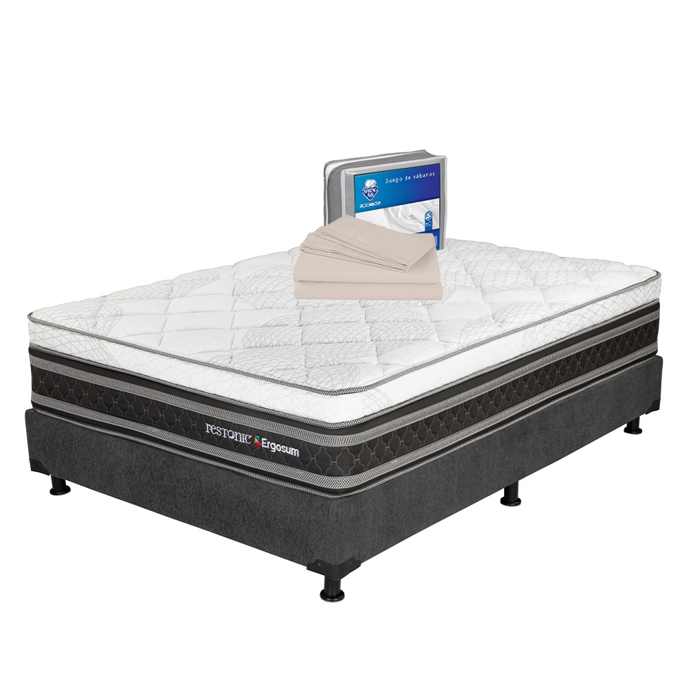Colchón Restonic Ergosum Queen Size Color Negro + Box Dicasa Gris + Sábanas Basic