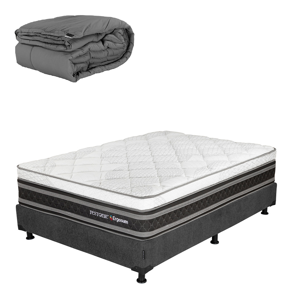 Colchón Restonic Ergosum Box Color Gris Carbon Matrimonial + Box + Edredón Homy