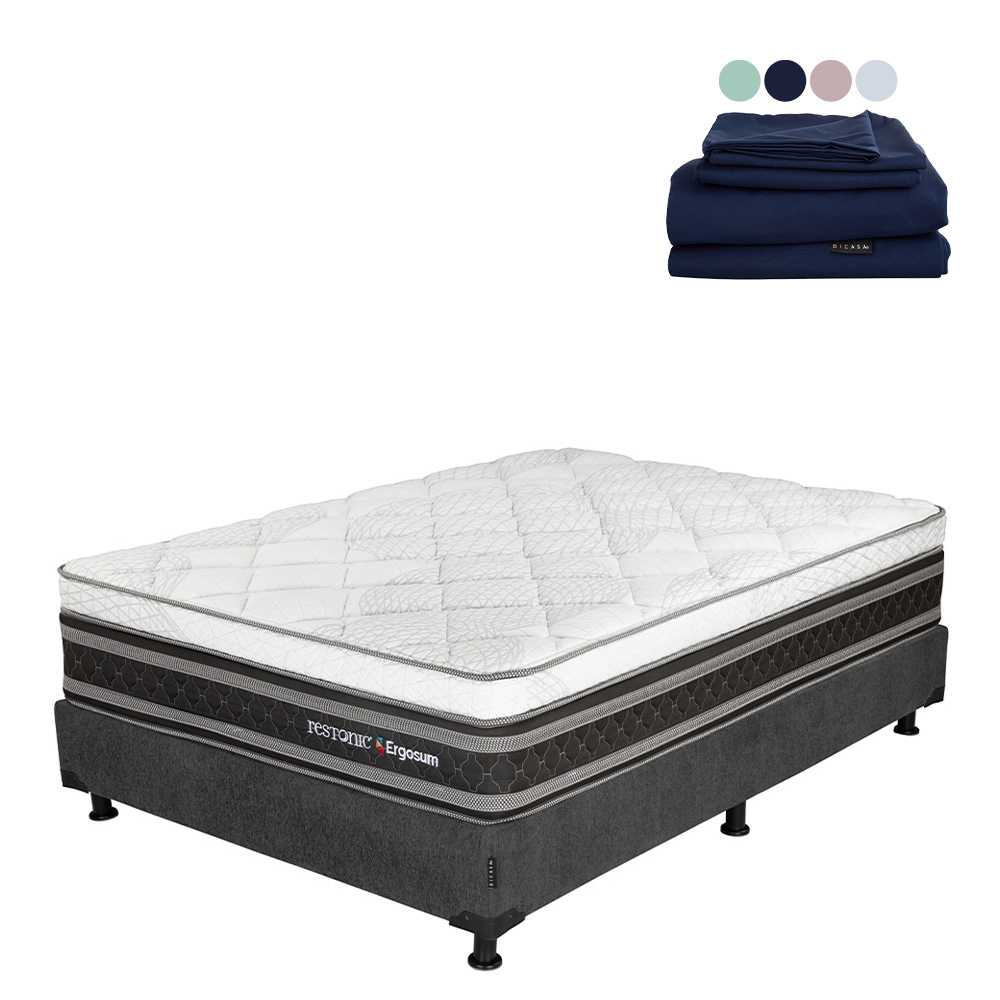Colchón Restonic Ergosum Box Color Gris Carbon Matrimonial + Box + Sábanas Softy