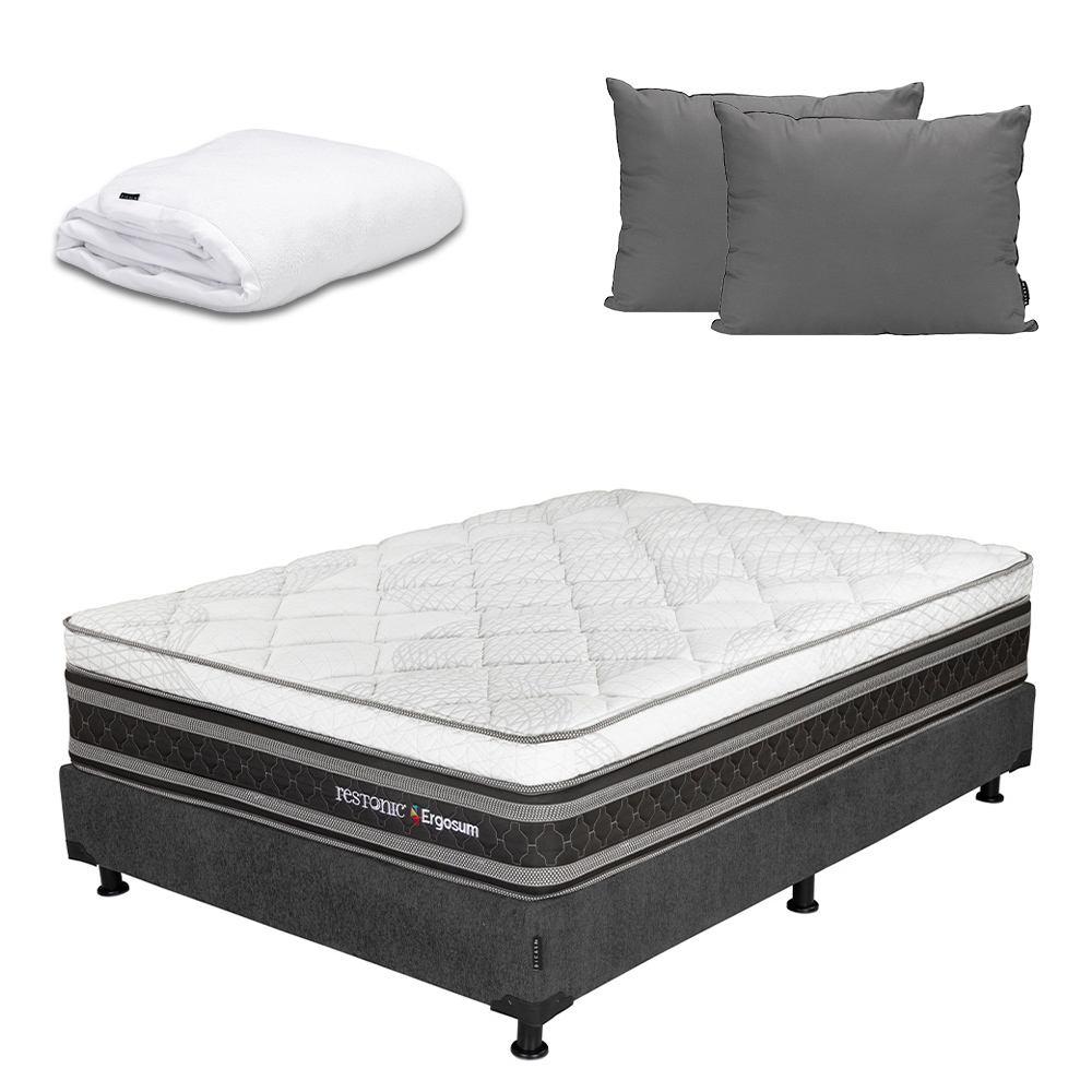 Foto 1 | Colchón Restonic Ergosum Box Color Gris Carbon Matrimonial + Box + Almohada 2pack + Protector Cloud
