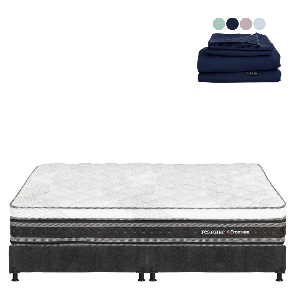 Colchón Restonic Ergosum Box Color Gris Carbon King Size + Box + Sábanas Softy